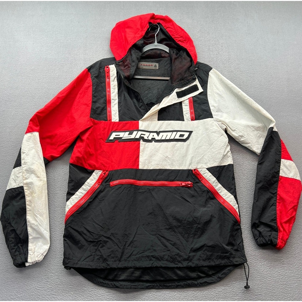Black PYRAMID Jacket Mens Sz L Colorblock Hooded Anorak Red Black White Zip